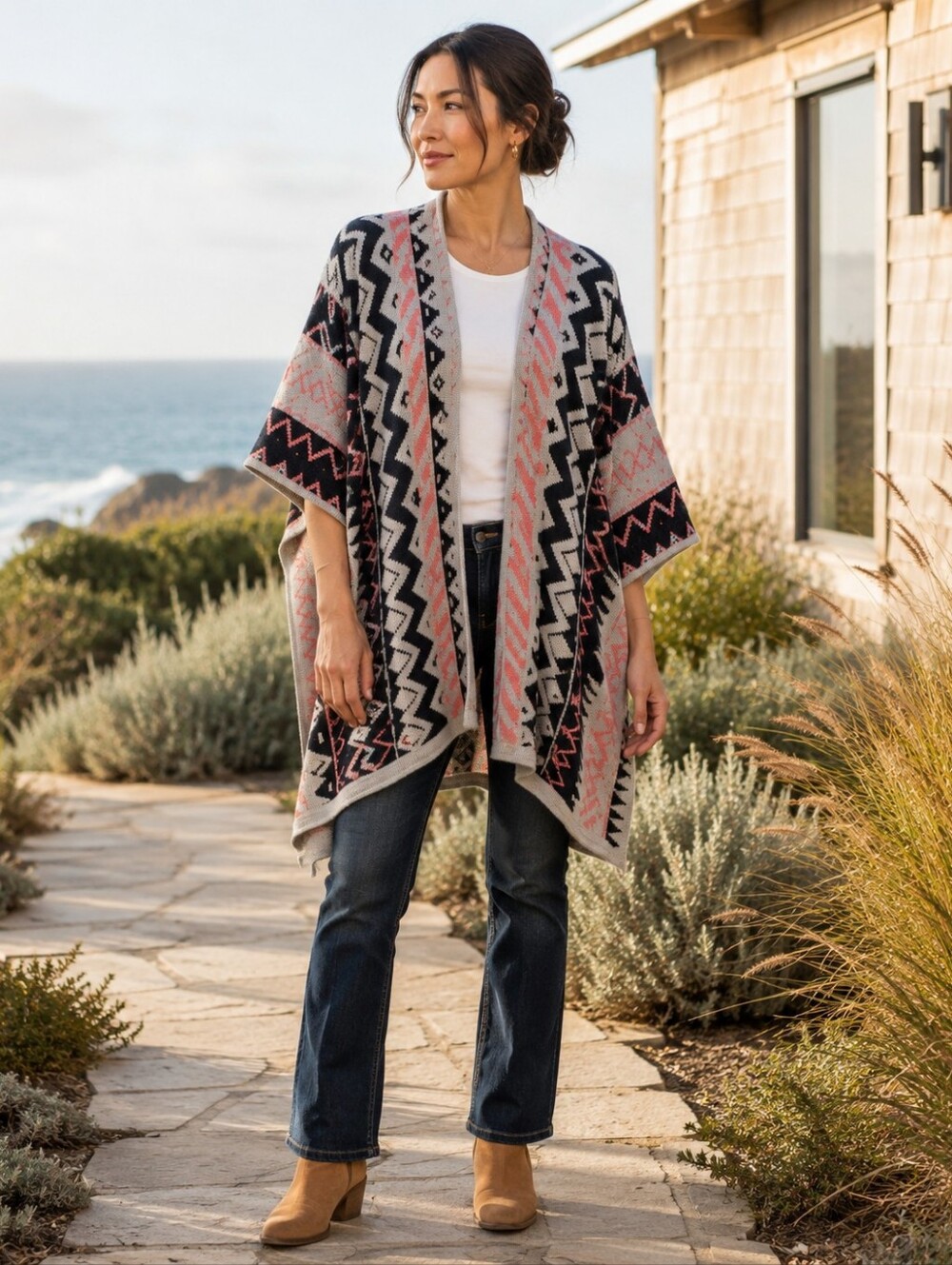 Marine Layer Geometric Knit Open Front Poncho Cardigan One Size Pink Black